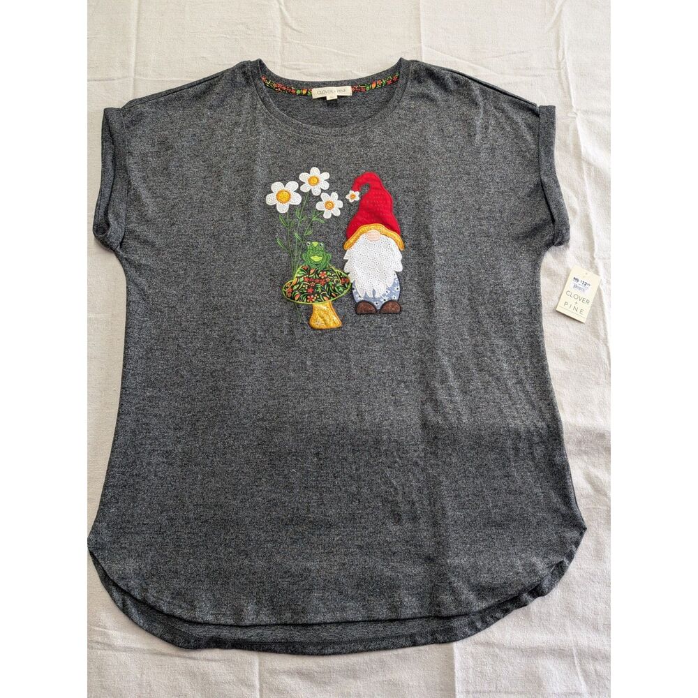 Clover + Pine Gnome Frog Mushroom Floral Tunic Top Women XL Gray Cottagecore NWT